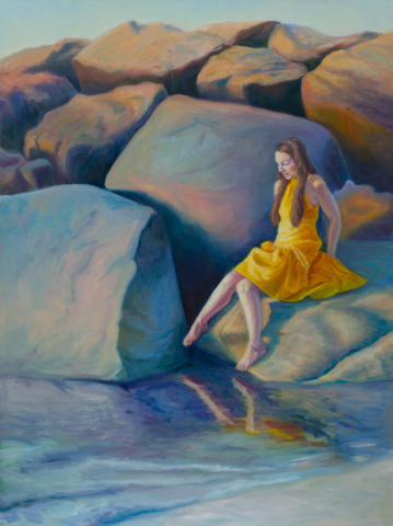 Modern realist painting. American Impressionism. Impressionist color. Figure painting walking on rocks by the ocean. Sunset.