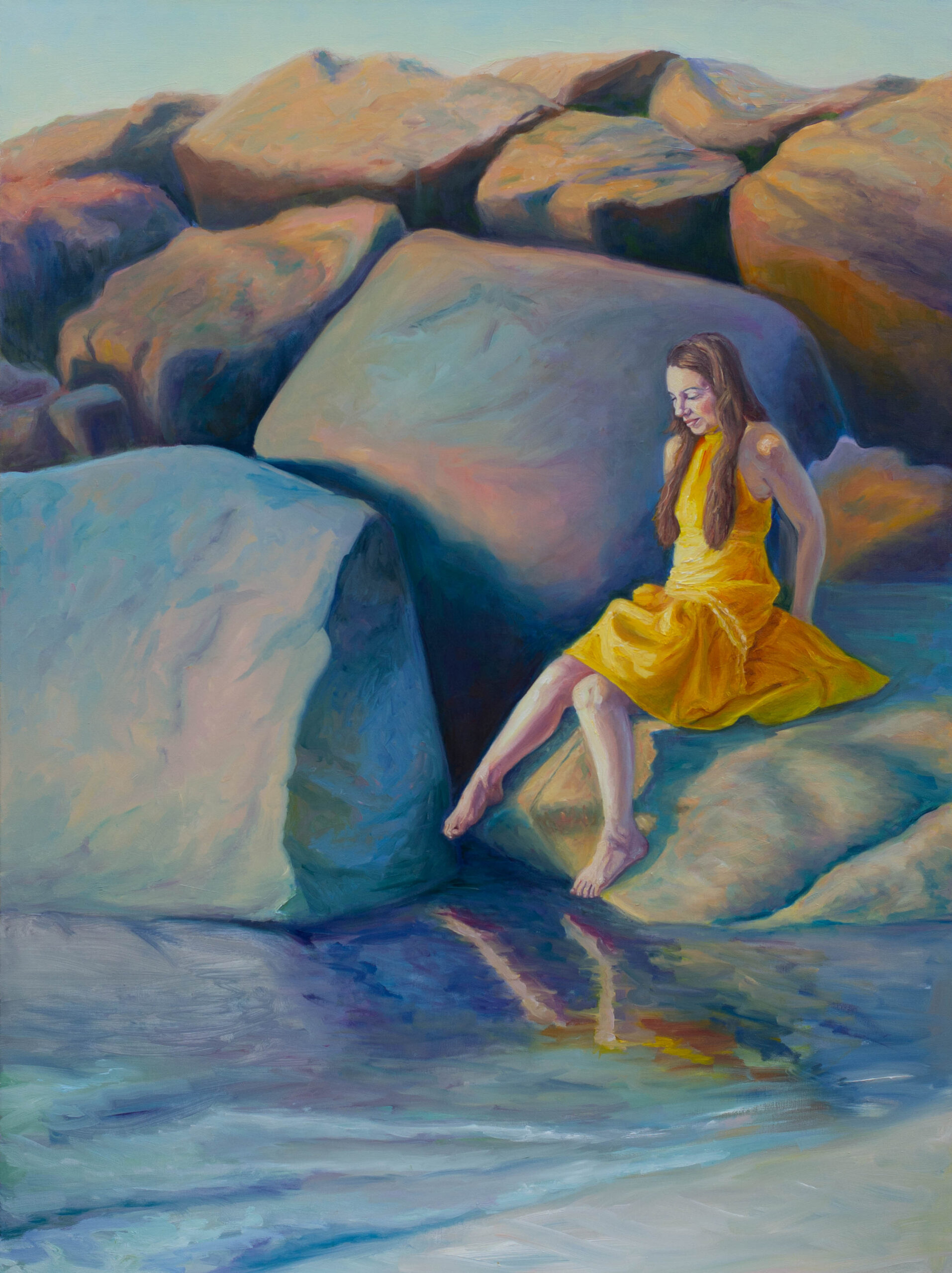 Modern realist painting. American Impressionism. Impressionist color. Figure painting walking on rocks by the ocean. Sunset.