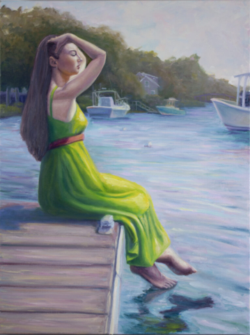 Modern realist painting. American Impressionism. Impressionist color. Figure painting walking on the dock. Sunny day painting.