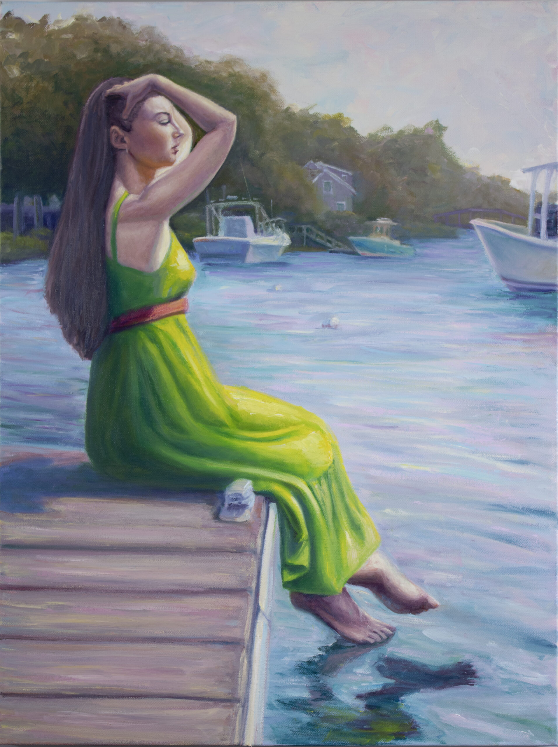 Modern realist painting. American Impressionism. Impressionist color. Figure painting walking on the dock. Sunny day painting.