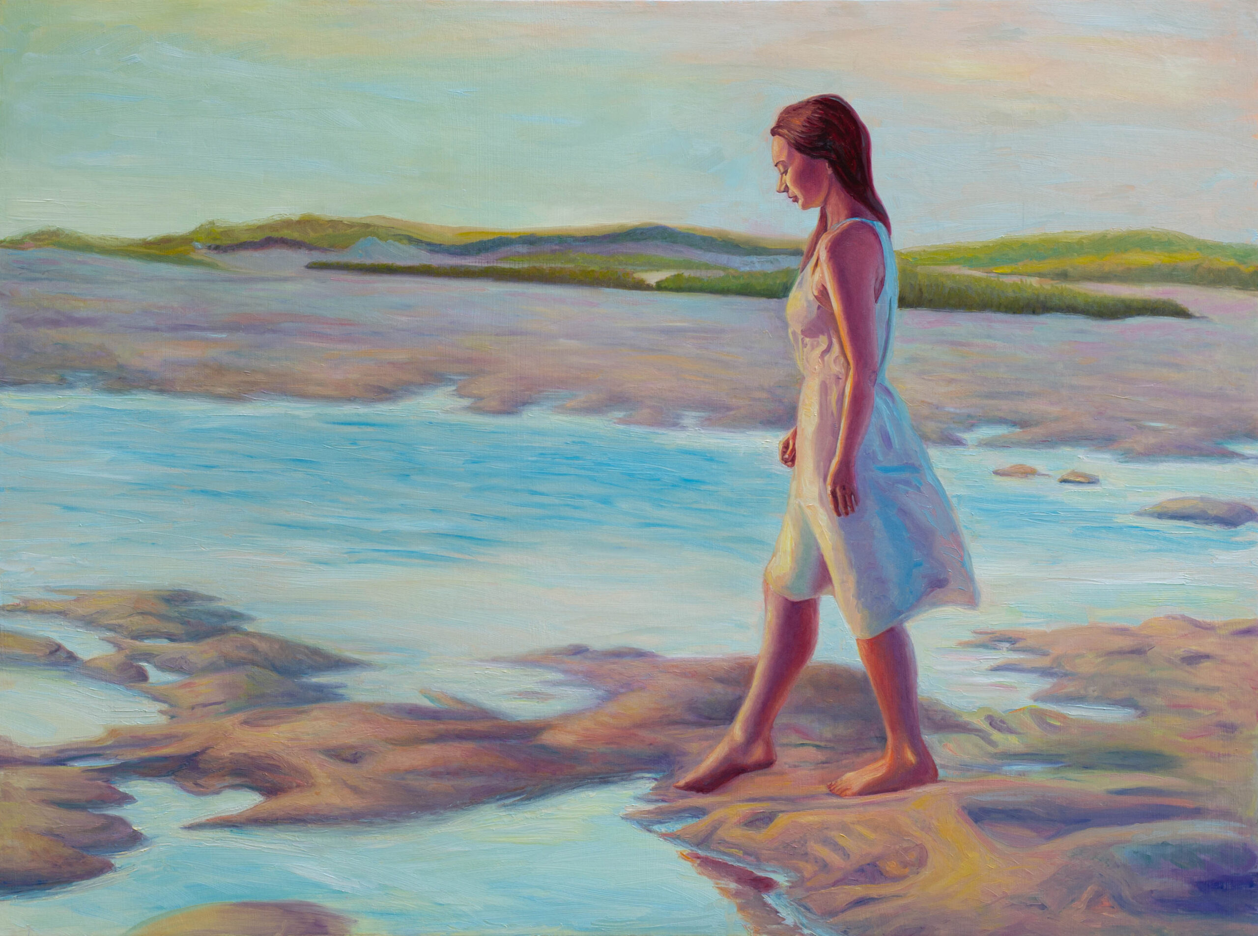 Modern realist painting. American Impressionism. Impressionist color. Figure painting walking on the beach. Sunset.