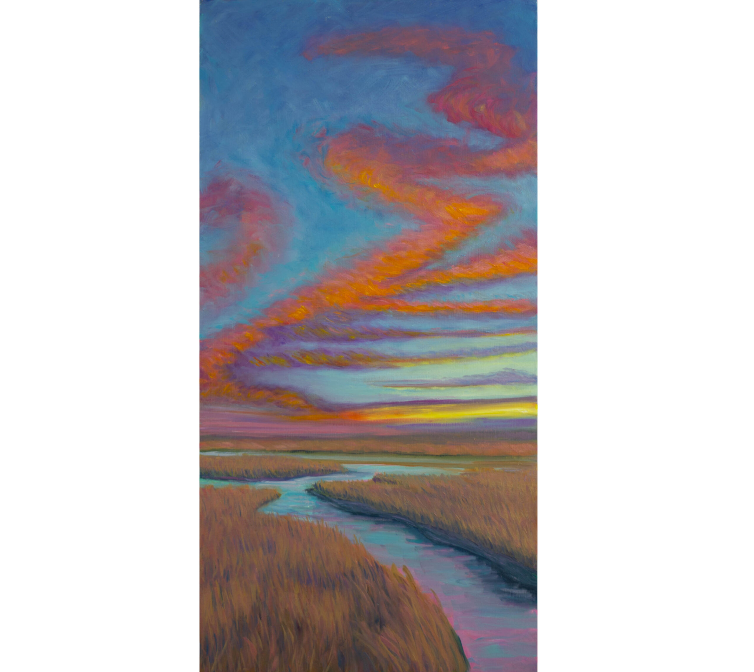 Modern realist painting. American Impressionism. Impressionist color. Susnet over marsh light vertical landscape. Cape Cod.