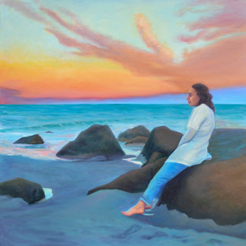 Modern realist painting. American Impressionism. Impressionist color. Figure painting on beach. Sunset.