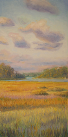 Modern realist painting. American Impressionism. Impressionist color. golden light vertical landscape. Cape Cod.